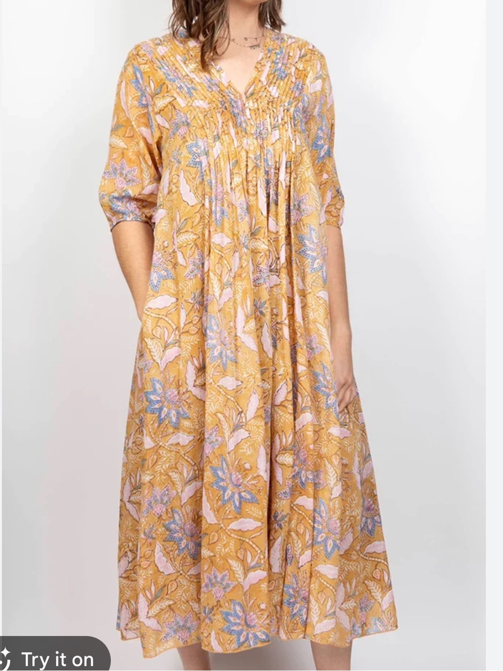 Dolma SKYE Mustard Yellow Floral Print Short Sleeve Gauzy Cotton Midi Dress L